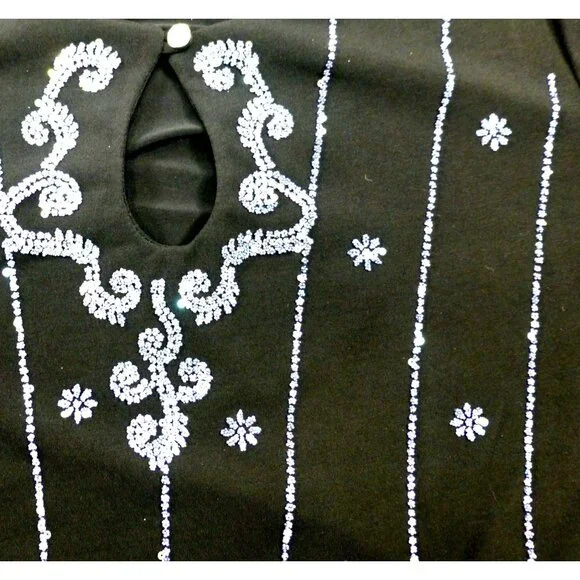 Another Thyme Black & Blue Beaded 3/4 Sleeve Top Scalloped Hem Size 2X USA Made - Picture 3 of 12